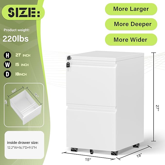 Incbruce 2 Mobile Drawer File Cabinet with Wheels, Metal File Storage Cabinet with Lock, Filing Cabinet Under Desk for Home Office, Easy Assemble (White)