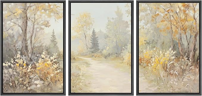 SIGNWIN Framed Canvas Print Wall Art Set Golden Woodland Path Impressionist Nature Scene Illustrations Modern Art Decorative for Living Room, Bedroom, Office - 24"x36"x3 Black