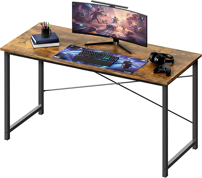 OLIXIS 55 Inch Computer Office Desk for Small Spaces, Writing Gaming Work Desk Modern Study Table with Storage Bag & Headphone Hook Home Bedroom, Rustic Brown