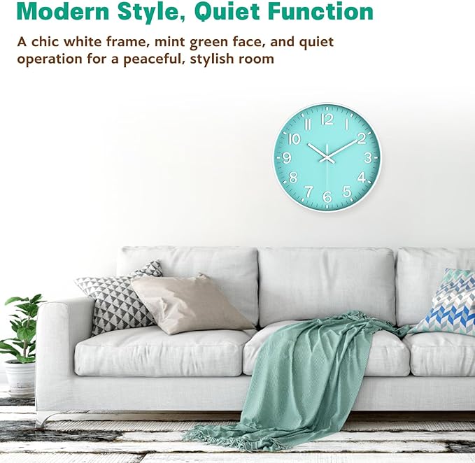 Modern Wall Clock Silent Non-Ticking – Coral Green Analog Wall Clock Battery Operated for Living Room, Kitchen, Bedroom, Office – Stylish Wall Decor for Home, 12 Inch