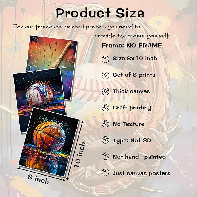 Basketball Baseball Sports Canvas Wall Art Set of 6, Vintage Graffiti Cool Posters Prints, Baseball bat American Football Wall Decor for Man Cave Dorm office Game Room Home Decor Gifts 8x10In Unframed