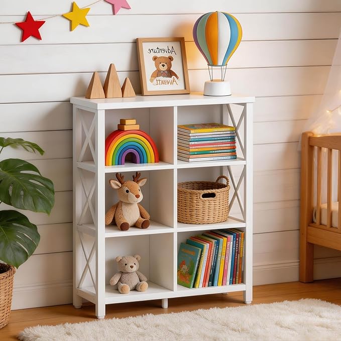 FATORRI 6 Cube Storage Organizer Shelf, Wood and Metal Cubby Bookshelf, Modern Cube Book Shelf (White Oak)