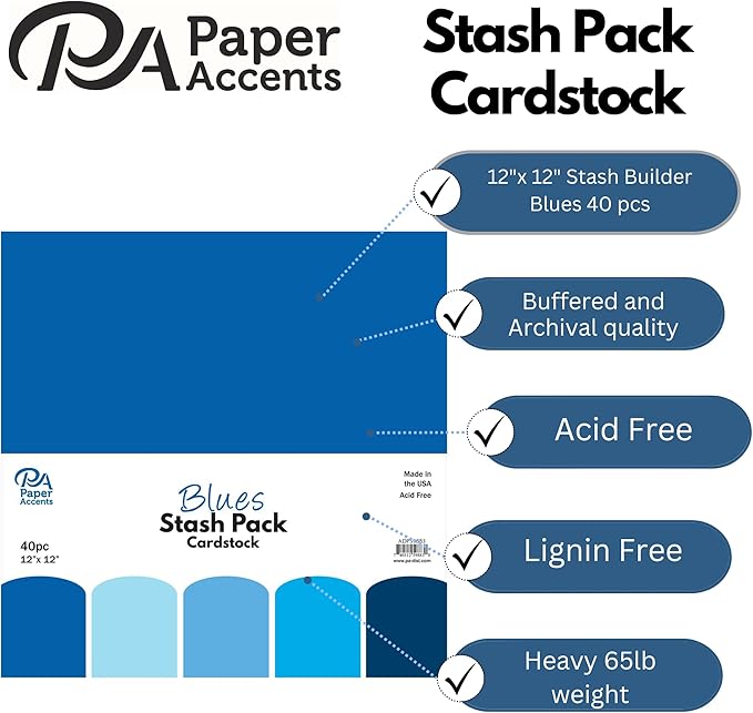 PA Paper Accents Stash Pack Cardstock Pack 12" x 12" Blues colored cardstock paper for card making, scrapbooking, printing, quilling and crafts, 65lb., 40 pieces