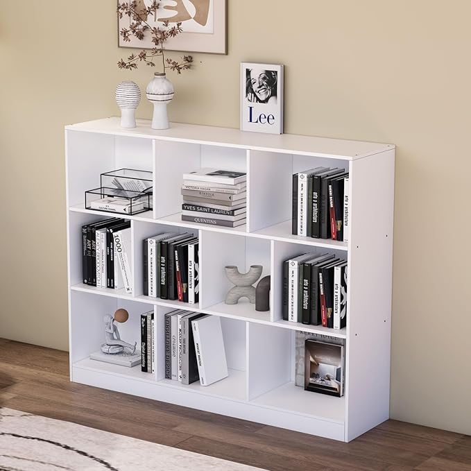 10-Cube Wooden Bookshelf with Base,3-Tier Freestanding Open Storage Organizer,Multi-Functional Bookcase for Living Room,Bedroom,Study and Office