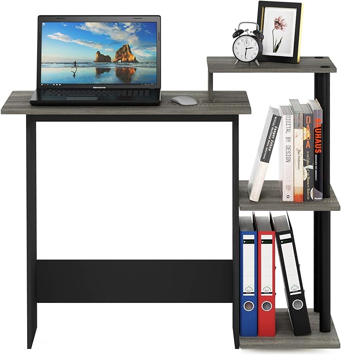 Furinno EFFICIENT Desk, 28.6" Wide Gaming Desk with 3 Open Side Shelves, Laptop Notebook Computer Desk, Office Desk for Home Office, Study Room, Dorm, Bedroom, French Oak/Black