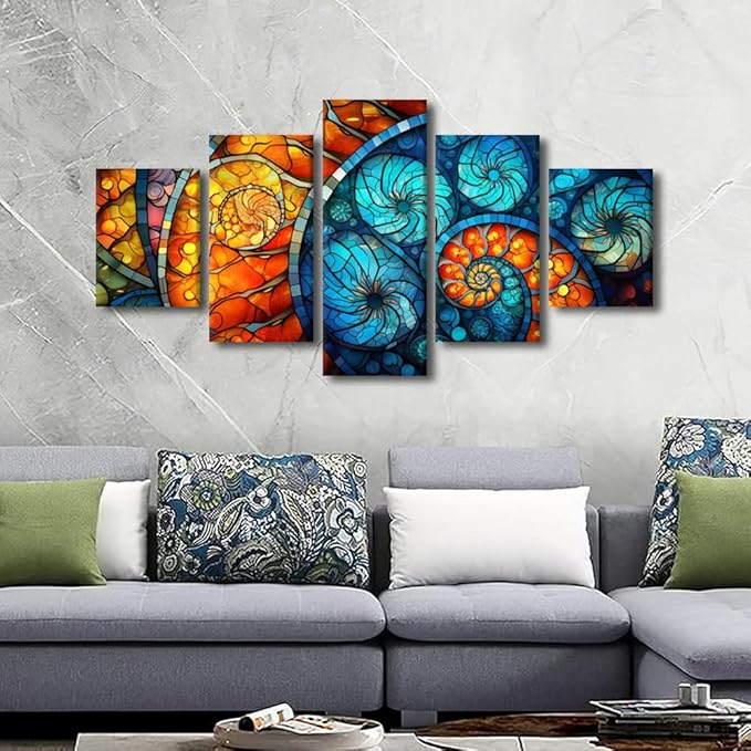 5 Panel Canvas Wall Art for Home Modern Abstract Wall Art Canvas Decor Stained Glass Window Pattern Prints on Canvas for Native Americans Living Room Decor Stretched and Framed Ready to Hang 60x32 in
