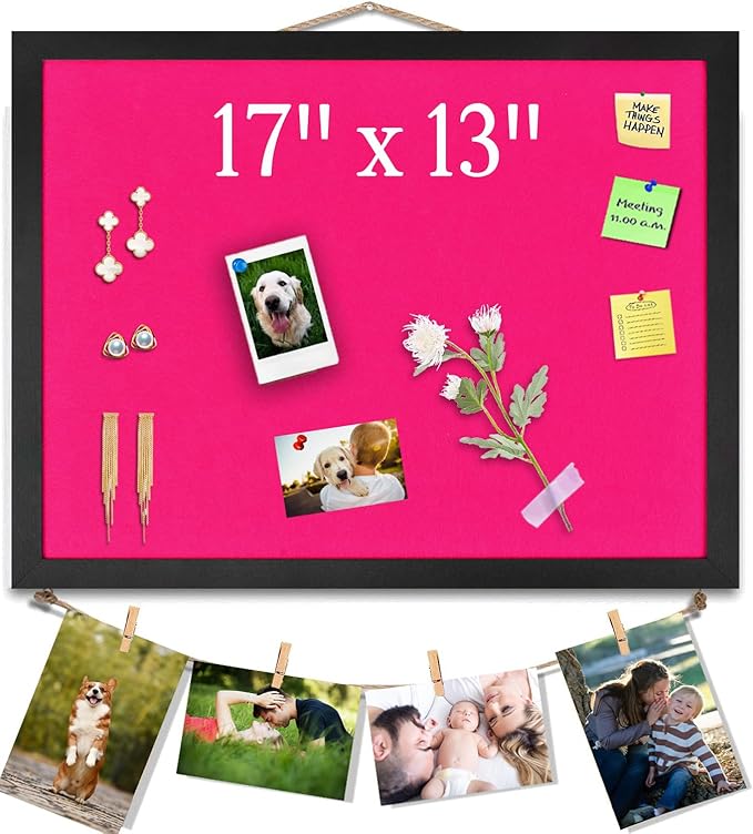 Pink Bulletin Boards Cork Board with Felt, 17"x13" Small Display Pin Board Vision Board for Walls, Jewelry, Notes, Collection, Photos, Office, Wood Framed(Black) & Felt(Pink), 1pc