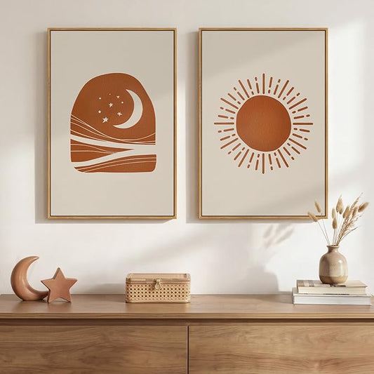 Framed Boho Abstract Sun and Moon Wall Art Set of 2, Mid Century Modern Minimalist Neutral Canvas Artwork for Walls, Terracotta Beige Bohemian Celestial Living Room Bedroom Home Wall Decor, 16x24 Inch