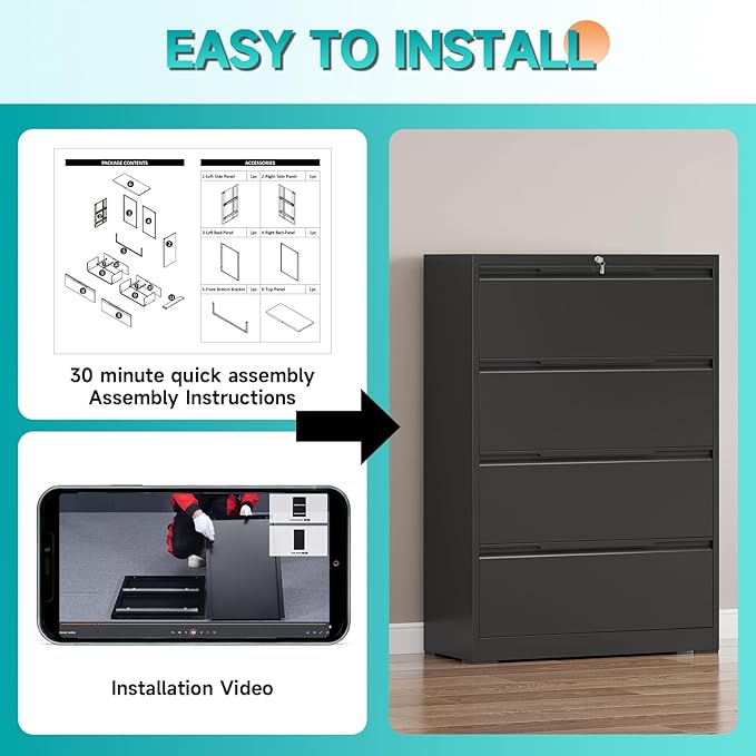 4 Drawer Lateral File Cabinet with Lock, Heavy-Duty Metal Vertical Filing Cabinet for Office, Steel Storage Compatible with Hanging Files Letter/Legal/F4/A4 Sizes (4 Drawer, Black)