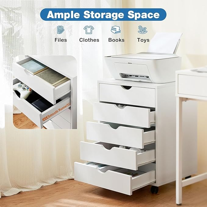 Chest File Cabinet with Wheels, Wooden Rolling Storage Dresser for Home Office, Chest Organization and Filing Cabinet for Documents, Mobile Office Furniture with Drawers