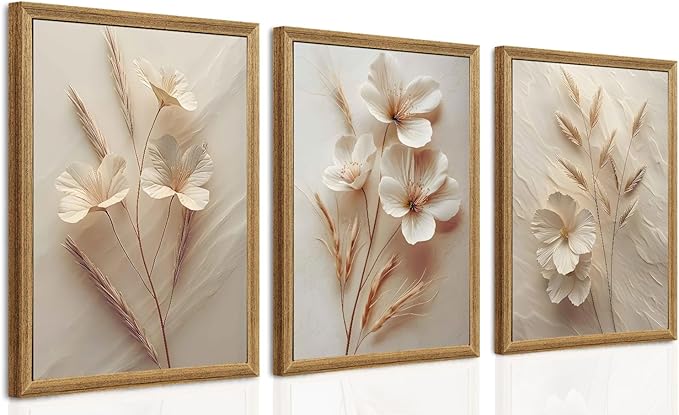 Wall Art Set Of Three Botanical Flower Canvas Prints With Wood Frames For Living Room Bedroom Home Decor Art Prints 16x24 Inch Each Wood Framed Easy To Hang