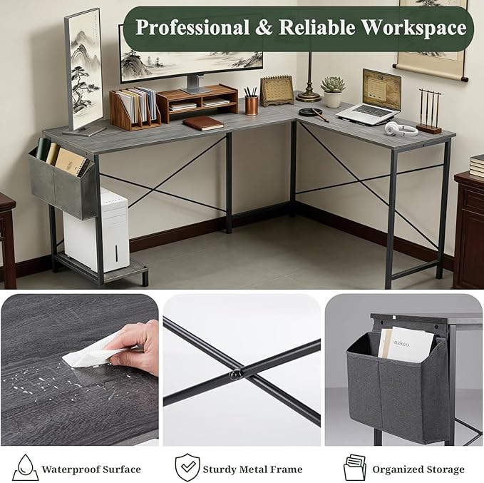 L Shaped Desk, 50 Inch Reversible Computer Desk Corner Gaming Table with CPU Stand & Storage Bag, Sturdy Metal Frame PC Workstation for Home Office