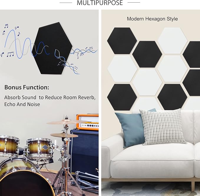 BXI Hexagon Felt Bulletin Board - 14.2 X 12.3 X 3/8 Inches 6 Pcs Self-Adhesive Poster Cork Board 30 Push Pins, Thick Pin Tiles Display Vision Board, Photo Picture Panels for Home Office Classroom