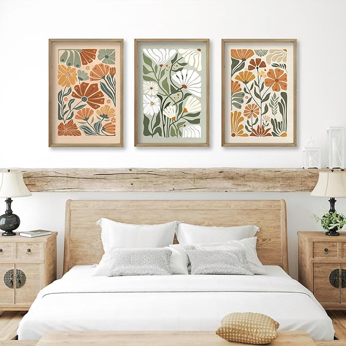 Wildflower Floral Green Botanical Wall Art Print 16"x11" Set of 3 flower Illustrations Minimalist Modern Boho Sign Wood Framed for Living Room Bedroom Office Abstract Wall Hang Decor (Wood)