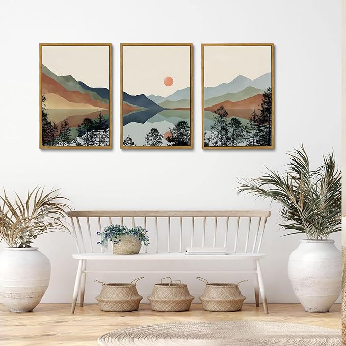 Bwodke Framed Wall Art Canvas Mountain Wall Art Set of 3 Boho Watercolor Nature Landscape Picture Decor Sun Forest Prints Artwork for Living Room Bedroom Office 16"x24"