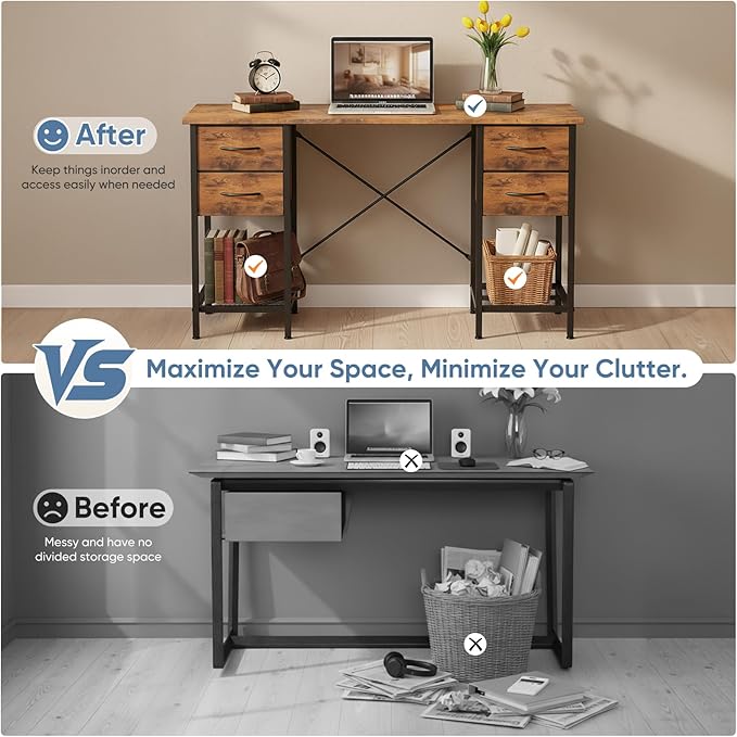 Sweetcrispy Computer Desk with Drawers, 55 Inch Home Office Bedroom Table with 4 Fabric Drawers & 2 Mesh Storage Shelves, Wood Table with X-Shaped Structure for Writing Study PC Desk, Brown