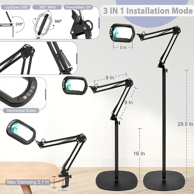 10X Large Rectangle Magnifying Glass with Light and stand, 5*3 Inch Real Glass 5 Color Modes Stepless Dimmable Arm Swing LED Floor Lamp, 3-in-1 Lighted Magnifier for Reading Painting Craft Close Work