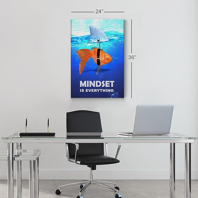 Smile Art Design Mindset is Everything Fish vs Shark in Ocean Motivational Wall Art Canvas Print Inspirational Wall Art Entrepreneur Quote Office Living Room Decor Gift Ready to Hang 17x11