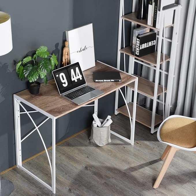 Homy Casa 39.4 Inch Foldable Laptop Desk, Space-Saving Computer Table with No Assembly Required, Sturdy Metal Frame, Minimalist Design for Home Office, Study, or Small Spaces, Oak & White