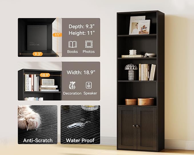Casaottima Bookshelf and Bookcase with Doors, Floor Standing 6-Tier Shelf Display Storage Shelves, Tall Bookcases for Home Office, Living Room, Black