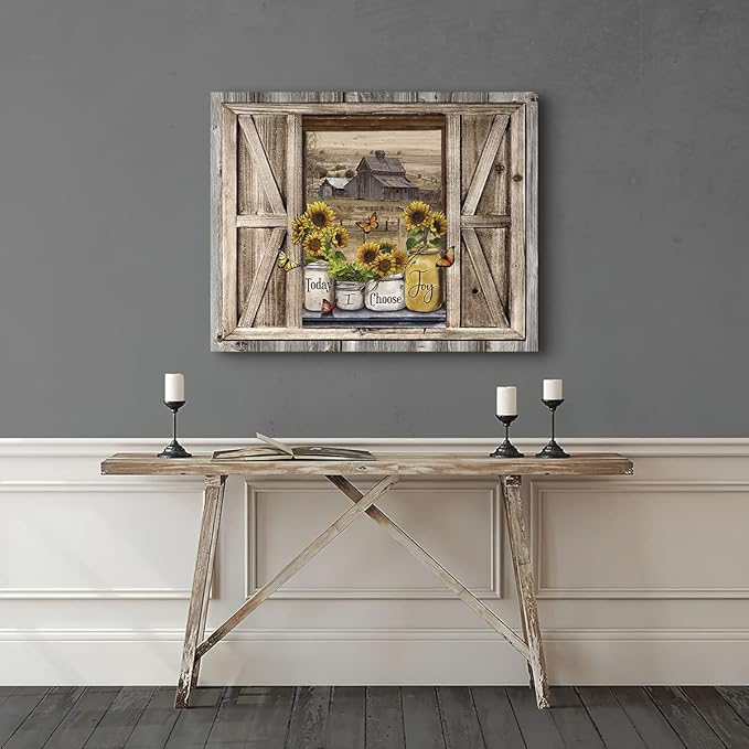 Parylore Sunflower Wall Art Canvas Print Rustic Wall Decor Faux Barn Doors Sunflower Jars On Barn Painting Picture Framed Modern Farmhouse Artwork for Living Room Bathroom Office Home Decor 12x16 In