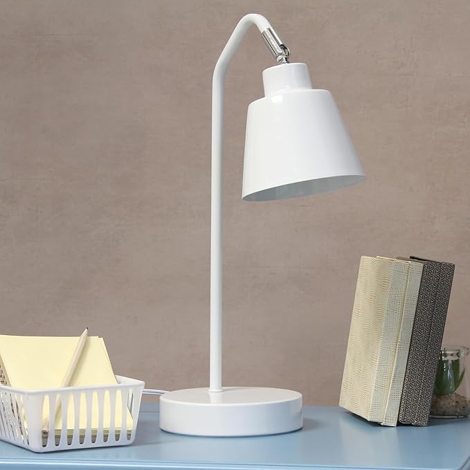 Simple Designs LD1077-WHT 16" Sleek Essentials Adjustable Metal Desk Task Lamp, for Office, Desk, Nightstand, Dorm, White
