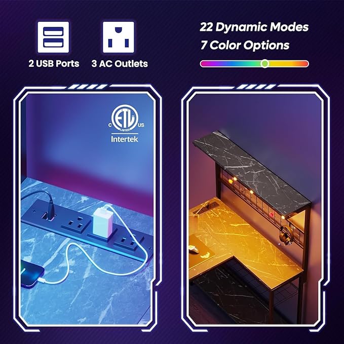 Bestier 42 L Shaped Gaming Desk, Computer Desk with Power Outlets & LED Light, Reversible Corner Desk with Shelves, Home Office Desk with Storage, Black Marble