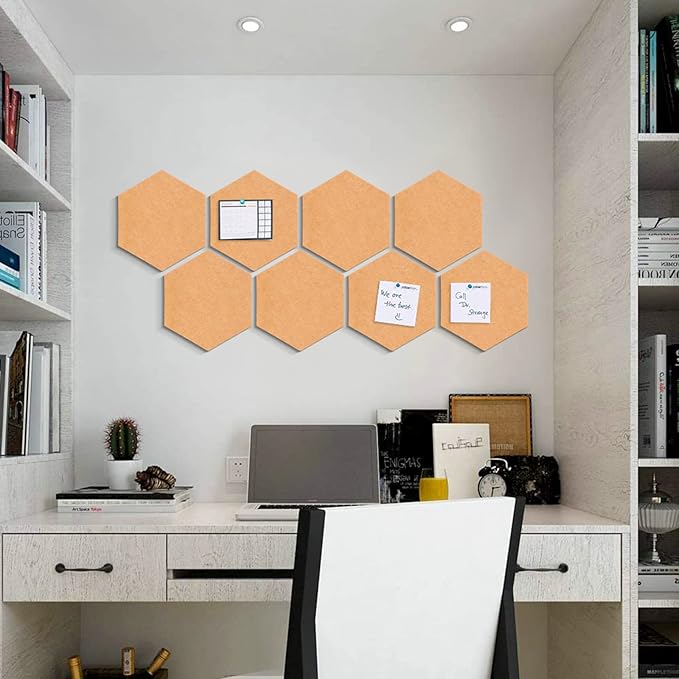 Bulletin Board Hexagon Pin Board 8 Pack, Felt Board Tiles 20 Push Pins Alternative to Cork Board for Wall Damage-Free, Decorative Notice Board Memo Board for Home Office School
