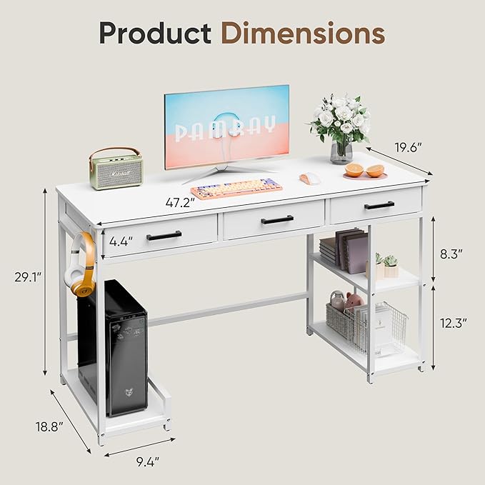 Shahoo Home Office Computer Desk with Drawers & Storage Shelves, 47.2" Modern Writing Table, White