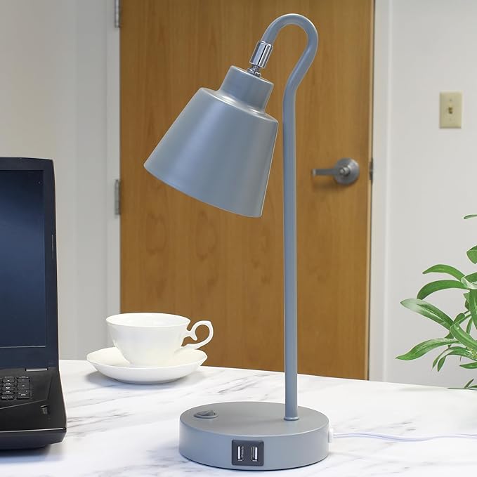 Simple Designs LD1073-GRY 16" Sleek Essentials Metal Looped Desk Task Lamp with Adjustable Shade and Dual USB Ports, for Office, Desk, Nightstand, Gray