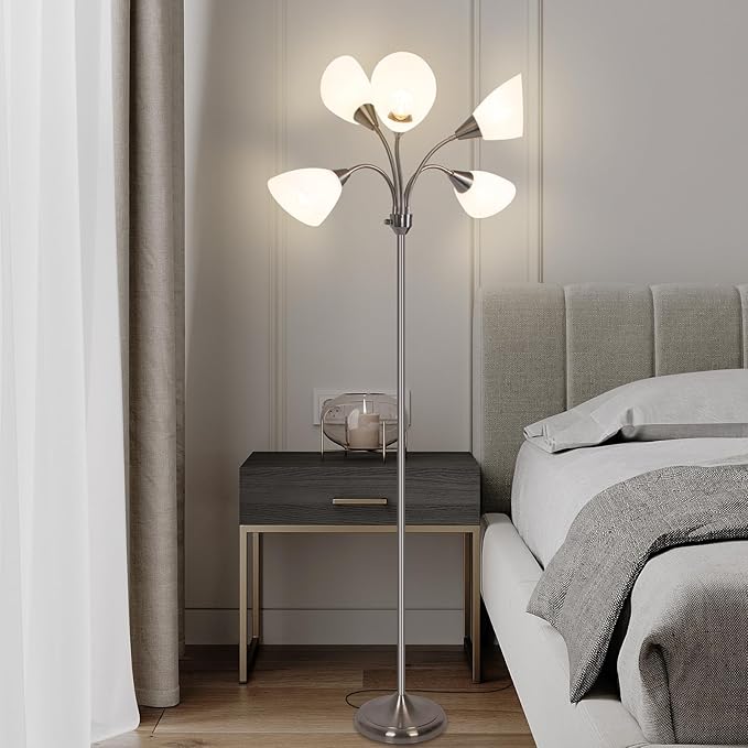 HonoDing Medusa Floor Lamp Standing Lamp 5 Heads Adjustable Reading Light Large Shade Use E26 A19 Bulb for Living Room Bedroom Satin Nickel