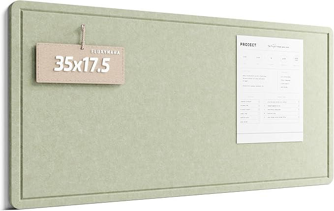 Fluxynara Bulletin Board, 35" x 17.5" Cork Board Alternative with 12 Safe Removable Adhesive Tabs, Foldable Felt Pin Board for Home Office, Classroom, Bedroom,Entryway for Walls— Sage