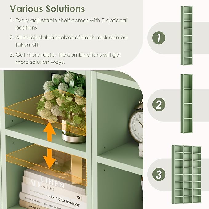 FOTOSOK 8-Tier Media Tower Rack, 11.6 X 9.3 X 70.9 Inches CD DVD Slim Storage Cabinet with Adjustable Shelves, Tall Narrow Bookcase Display Bookshelf for Home Office, Green