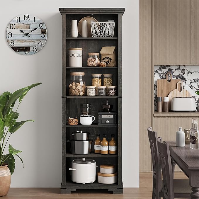 6-Tier Farmhouse Bookshelf, 73 inch Tall Book Shelf with Unique Design & 2 Adjustable Shelves, Wooden Bookshelf for Study Room, Living Room, Kitchen, Bedroom (Black)