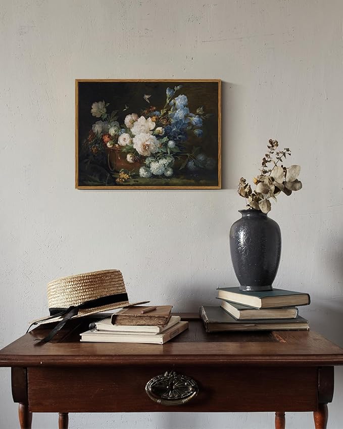 ARPEOTCY Vintage Framed Canvas Wall Art, Bathroom Hydrangea Peonies Floral Pictures Prints Retro Wall Decor, Farmhouse Moody Bedroom Living Room Flower Paintings, 12x16 Inch