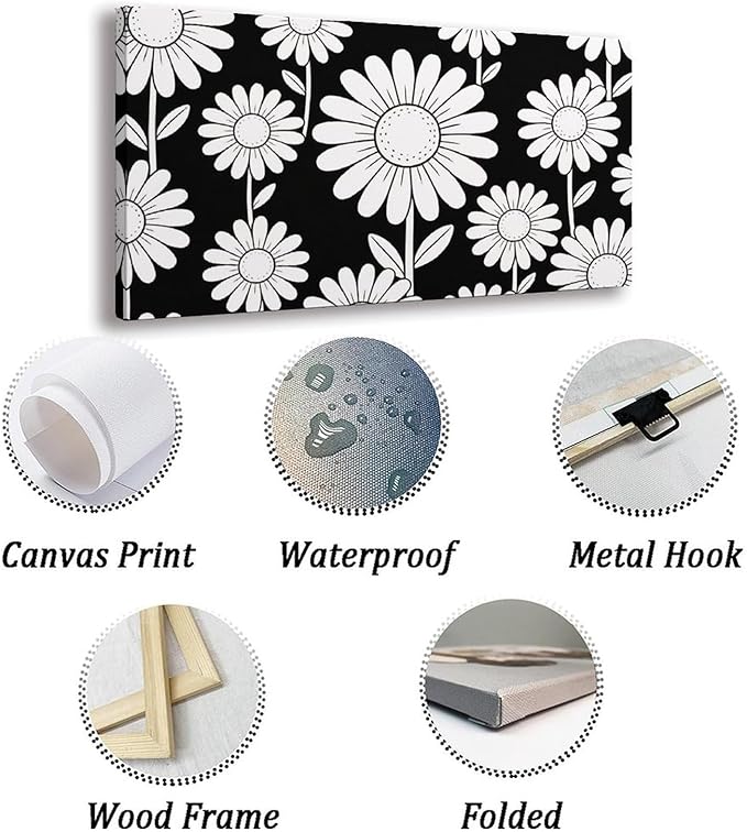 Black White Daisy Floral Framed Canvas Wall Art for Bathroom, Botanical Decor 32" L x 16" W