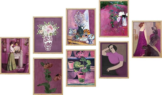 SIGNWIN Adhesive Canvas Poster Bathroom Decor, Wall Art Room Decor Multicolor for Living Room, Bedroom, Office Pink & Purple Female Portrait & Flowers Vintage Illustrations Bohemian - 8"x10"x 8