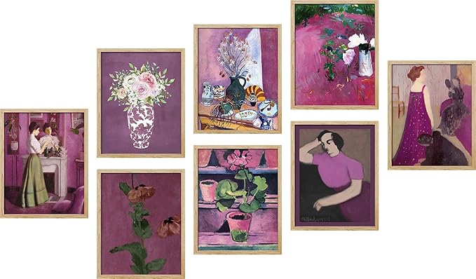 SIGNWIN Adhesive Canvas Poster Bathroom Decor, Wall Art Room Decor Multicolor for Living Room, Bedroom, Office Pink & Purple Female Portrait & Flowers Vintage Illustrations Bohemian - 12"x16"x 8