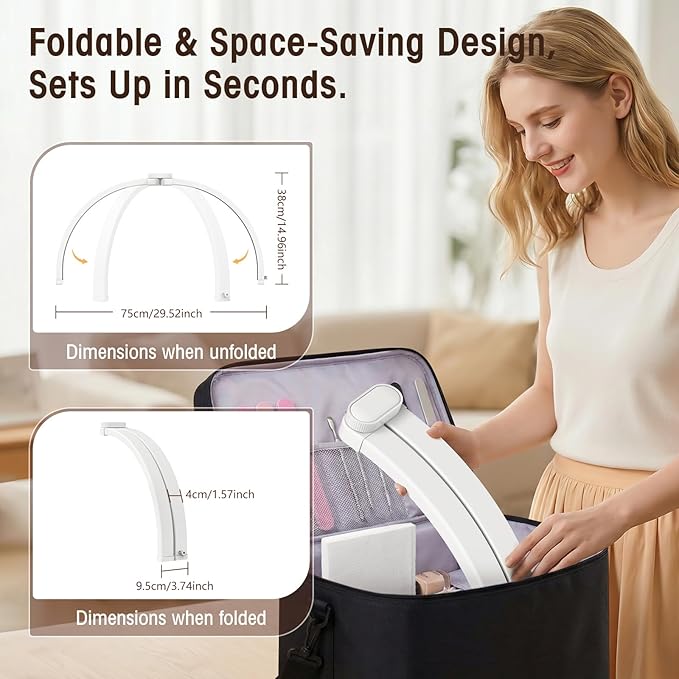 LIONVISON Half Moon Light for Desk: 29" Foldable Nail Light for Desk with Phone Holder - 3000K-6500K 3 Color Modes 10 Brightness for Salon Nail Technicians & Home DIY Manicure Enthusiasts (White)
