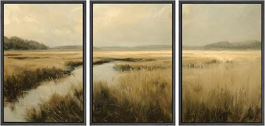 SIGNWIN Framed Canvas Print Wall Art Set Creek Through Golden Grasslands Illustrations Decorative Relax/Calm Zen for Living Room, Bedroom, Office - 16"x24"x3 BLACK