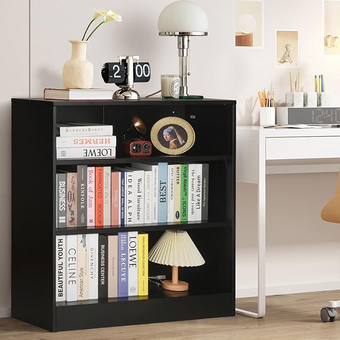 IRONMIX Metal Open Bookcase, 3-Tier Bookshelf with Adjustable Shelves, Black Small Bookcase for Small Places, Curio Cabint Display Case for Home Office, Library, Living Room