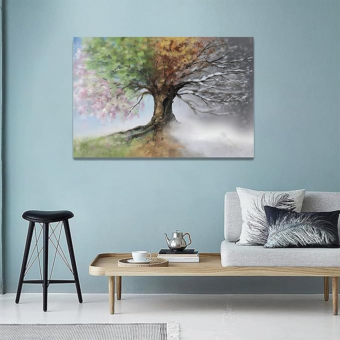 yerretin Tree of Life Wall Art Colorful Country Trees Pictures Wall Decor Rustic Four Season Canvas Painting Modern Artwork Home Decorations for Bathroom Living Room Bedroom Office Framed 24"x16"