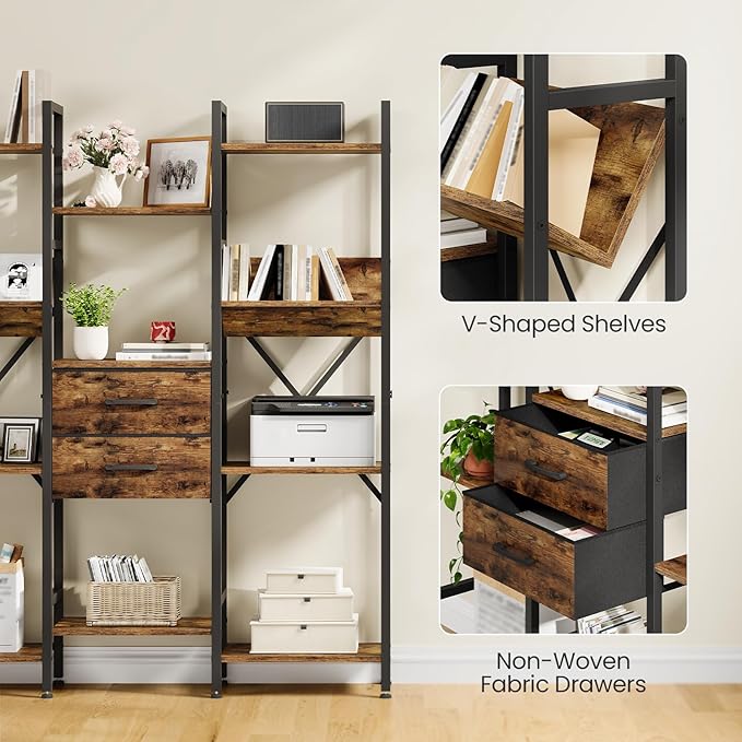 3-Column Bookcase, 55.1" Bookshelf with 2 Non-Woven Fabric Drawers and V-Shaped Shelves, Display Storage Shelf for Living Room, Office, Study, Rustic Brown and Black TSJ03BF