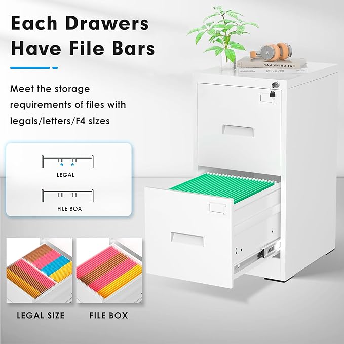 Pataku 2 Drawer File Cabinet with Lock, Sturdy Metal Vertical Filing Cabinets for Home Office, Under Desk Paperwork Storage Fully Extendable Slides Letter Legal A4 Size 18x15x28 Inches, White