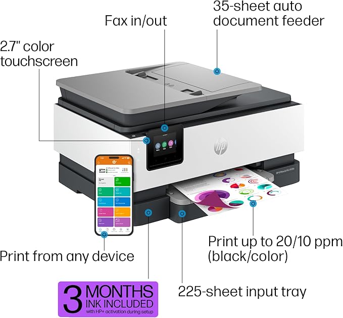 HP OfficeJet Pro 8135e Wireless All-in-One Color Inkjet Printer, Print, Scan, Copy, Fax, ADF, Duplex Printing, Best-for-Home Office, 3 Months of Instant Ink Included (40Q35A) (Renewed Premium)
