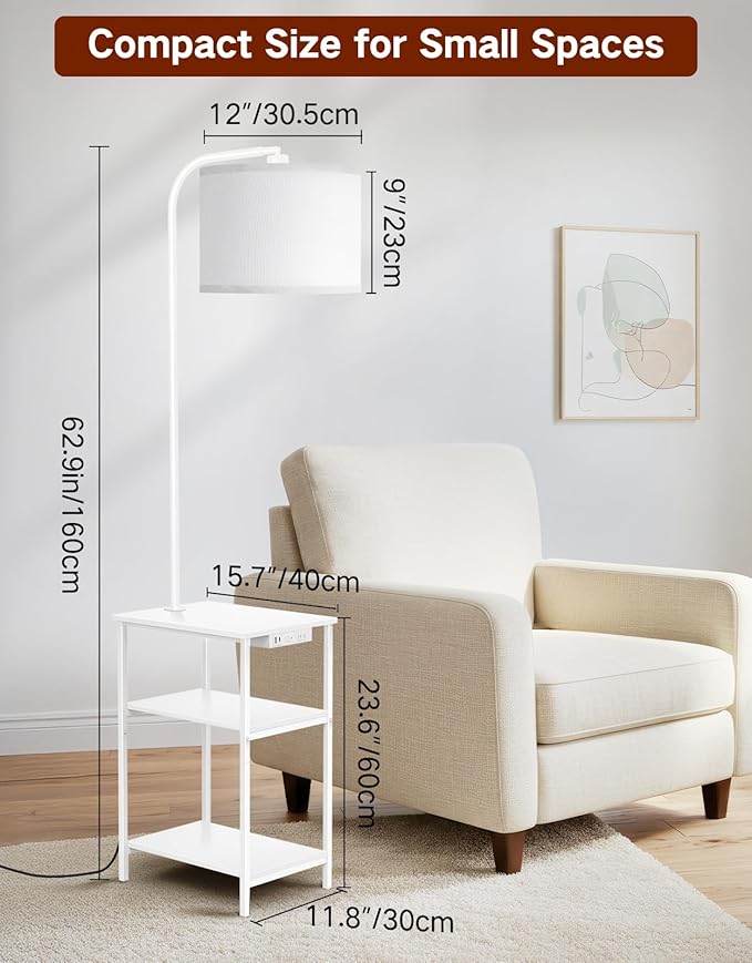 Floor Lamp with Table & Remote, Side End Table with Charging Station, Dimmable Nightstand with 3 Color Temperatures, 1-Hour Timer, 12W LED Bulb, for Living Room, Bedroom(White)