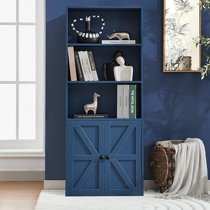 Bookshelves and Bookcases with Barn Doors, Farmhouse Bookshelf with Display Shelves, Floor Standing 5-Tier Book Shelf with Storage Cabinet for Home Office, Living Room, Bedroom, Blue