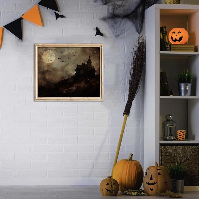 Kizbok Moody Halloween Wall Art Prints, Spooky Haunted House Landscape Canvas Painting, Gothic Halloween Pictures Wall Decor, Vintage Dark Academia Decor for Bedroom Gallery Bathroom - UNFRAMED