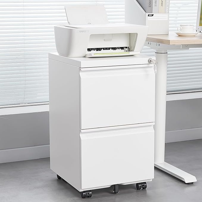 [Fully Assembled] 2 Drawer Lockable Metal File Cabinet on Wheels, Mobile Under Desk Filing Cabinet with Printer Stand, Home Office Storage Cabinet (White, 2 Drawer)