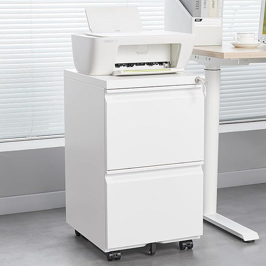 [Fully Assembled] 2 Drawer Lockable Metal File Cabinet on Wheels, Mobile Under Desk Filing Cabinet with Printer Stand, Home Office Storage Cabinet (White, 2 Drawer)